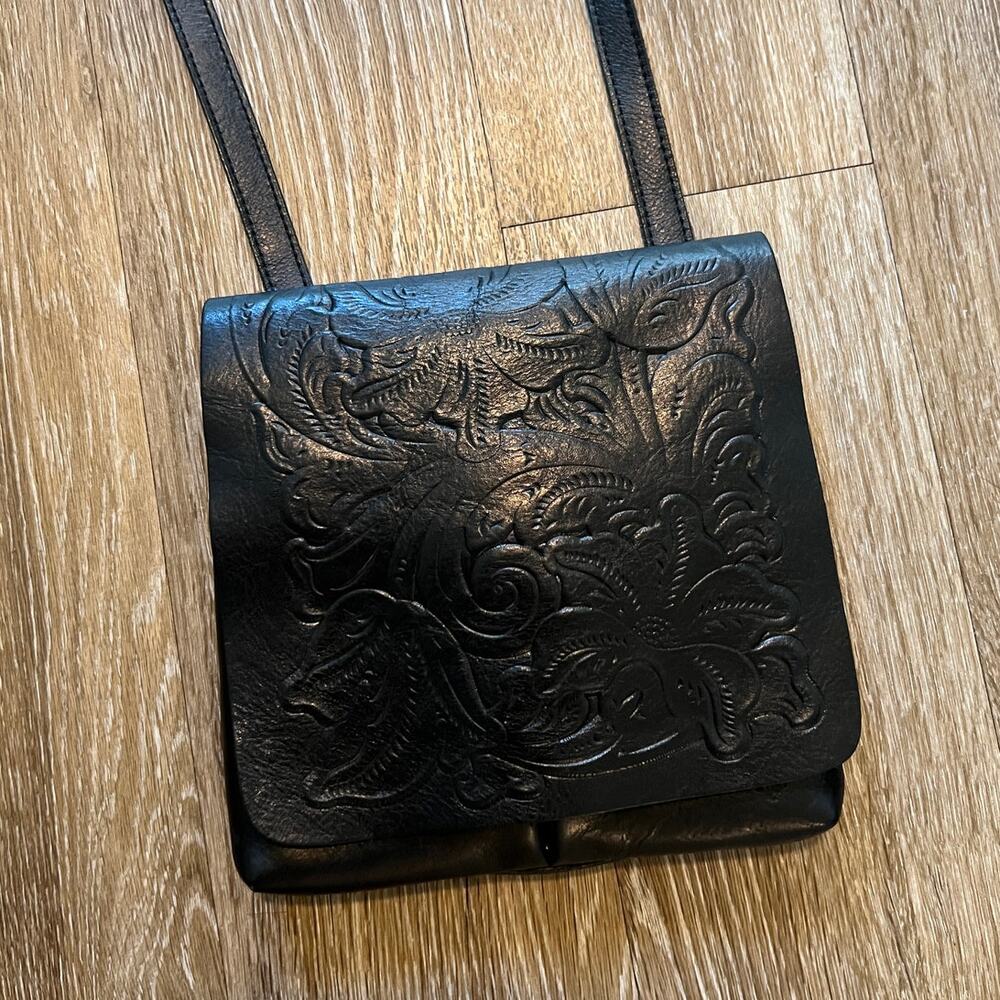 Embossed Black Leather Crossbody Bag